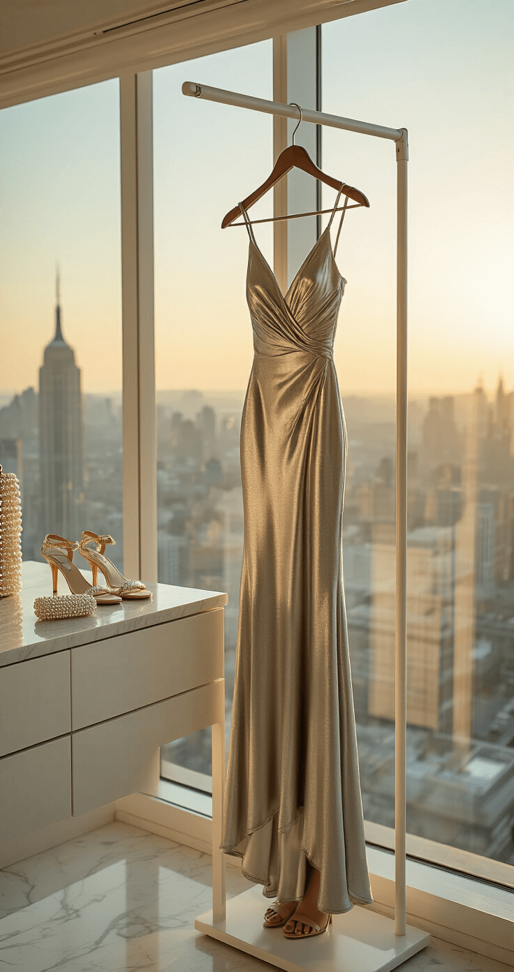 10 Ways to Rock a Metallic Sheath Dress A sunlit penthouse dressing room features a sleek silver metallic sheath dress on a minimalist white stand, with a cityscape visible through floor-to-ceiling windows. A marble vanity displays silver drop earrings, strappy nude sandals, and a pearl clutch. The dress showcases subtle pleating and architectural seaming, illuminated by natural light that accentuates its texture.