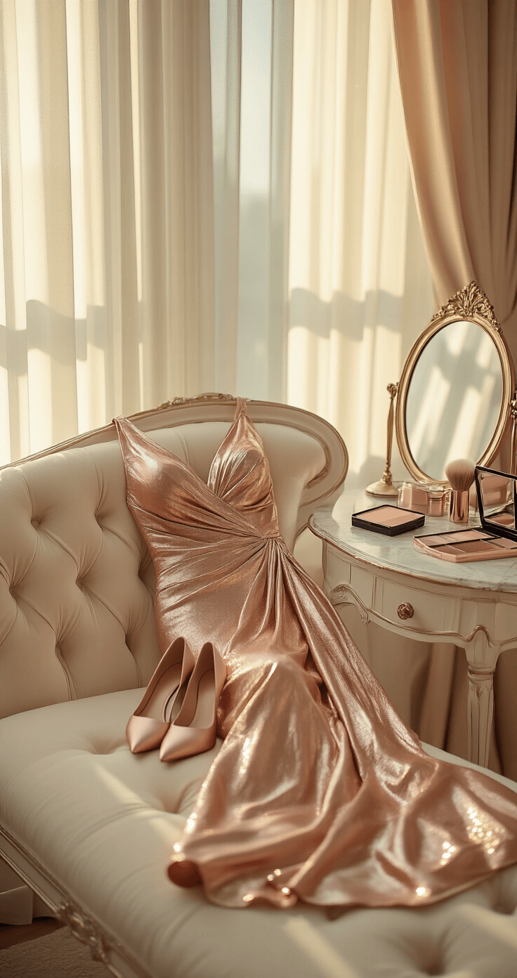 10 Ways to Rock a Metallic Sheath Dress Intimate boudoir scene featuring a rose gold metallic sheath dress on a cream chaise lounge, with soft light filtering through sheer curtains, a vintage vanity mirror reflecting warm tones, nude makeup products and a Mason Pearson brush on a marble surface, and blush suede pumps below, captured at a 45-degree angle with dreamy bokeh.