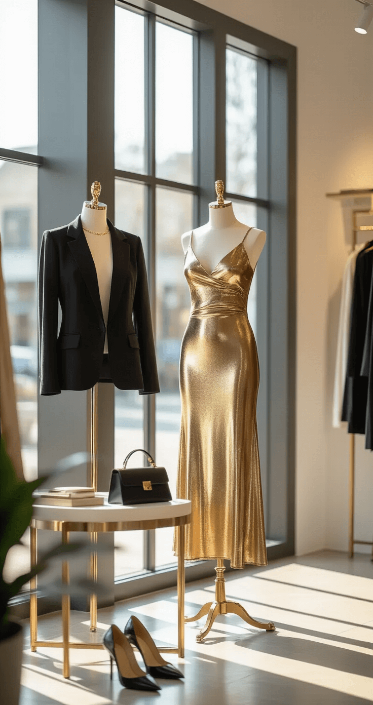 10 Ways to Rock a Metallic Sheath Dress A modern retail boutique interior features a styling session at midday, showcasing a gold metallic sheath dress on a mannequin surrounded by a black cropped blazer, minimal gold jewelry, and classic black pumps, all illuminated by natural light from large windows and a professional lighting setup.