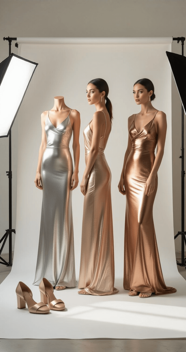 10 Ways to Rock a Metallic Sheath Dress Behind-the-scenes shot of three metallic sheath dresses in silver, gold, and rose gold arranged on a white seamless backdrop, with neutral accessories and shoes, captured in morning light with a professional beauty lighting setup.