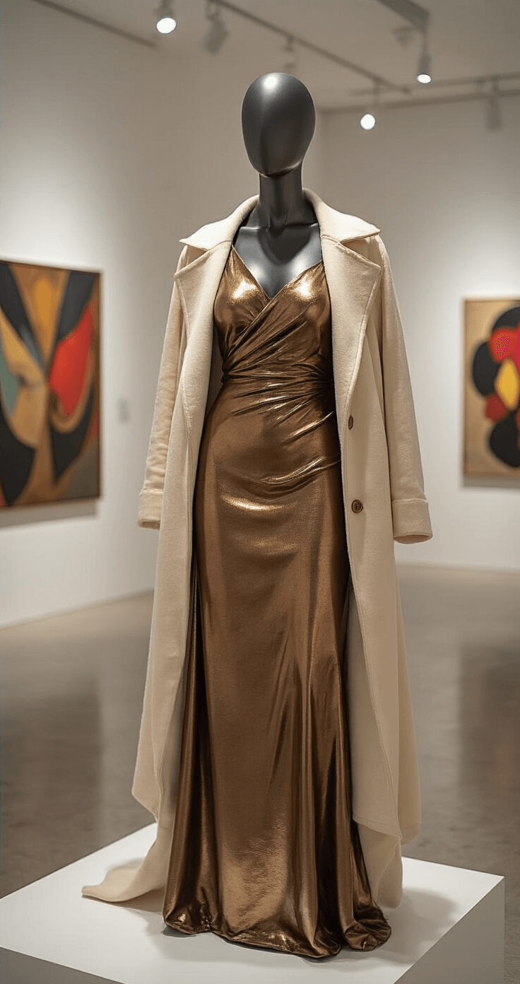 10 Ways to Rock a Metallic Sheath Dress A full-length mirror reflection showcases a woman in a bronze metallic sheath dress paired with a cream wool coat, illuminated by spotlights creating dynamic shadows. Modern art pieces in the background add vibrant color, while the architectural composition highlights the styling details.