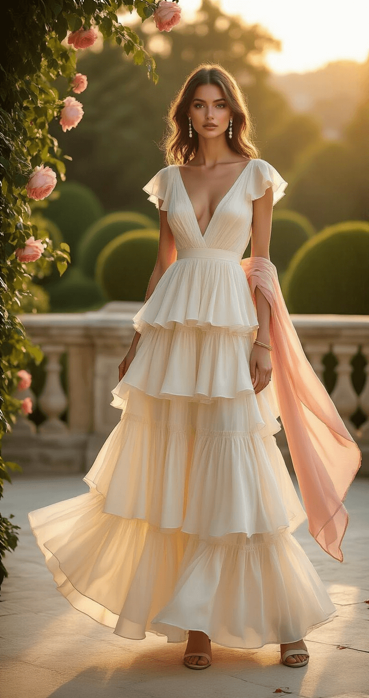 The Perfect Guide to Styling Your Tiered Ruffle Maxi Gown A model in a flowing ivory silk tiered ruffle maxi gown stands on a stone terrace during sunset, showcasing golden hour lighting that highlights the gown's delicate layers. The dress has champagne undertones and feminine cap sleeves, complemented by pearl drop earrings and a thin gold bracelet. Nude block heel sandals are visible beneath the gown's hem, while a blush pink chiffon shawl drapes elegantly over her arm. The shot is from a low angle, capturing the movement of the dress with climbing roses and manicured topiaries softly blurred in the background.