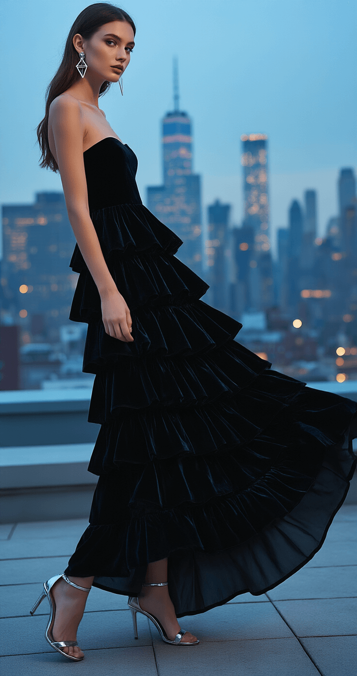 The Perfect Guide to Styling Your Tiered Ruffle Maxi Gown Close-up of a model wearing a black velvet tiered ruffle maxi dress in an urban rooftop setting at blue hour, showcasing the dress's dramatic tiers and shadows, paired with silver geometric earrings and metallic heels, against a backdrop of twinkling city lights.