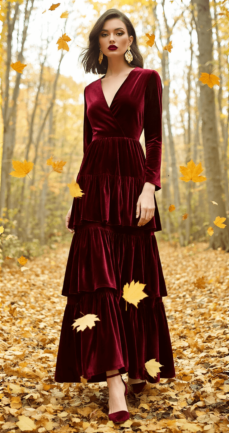 The Perfect Guide to Styling Your Tiered Ruffle Maxi Gown A tiered burgundy velvet maxi dress in a fall woodland, adorned with scattered golden leaves, complemented by statement gold earrings and matching block heels. The model's vintage-inspired makeup features a burgundy lip, captured from ground level through falling leaves, with natural lighting enhanced by a gold reflector.