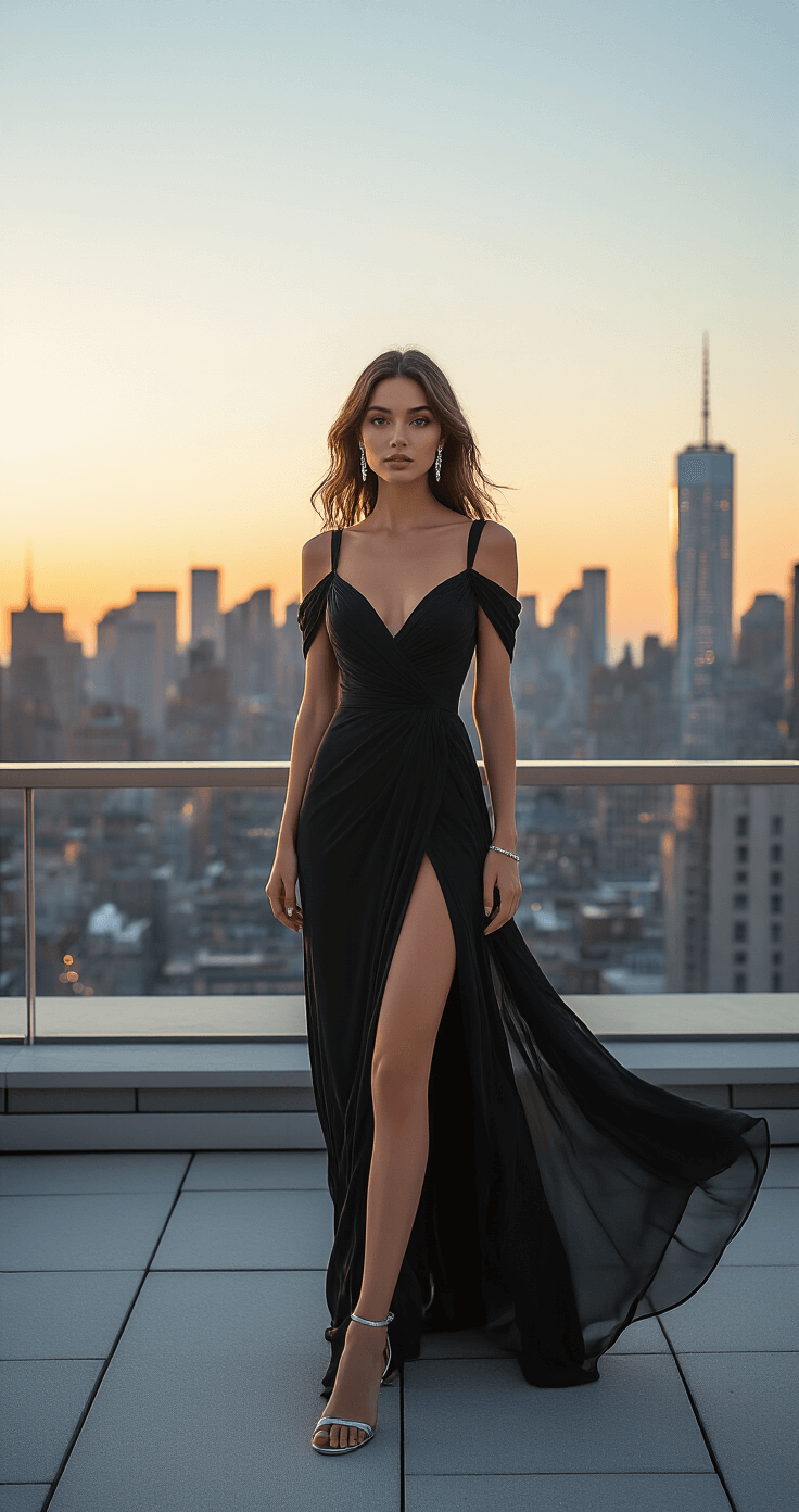 Cold-Shoulder Evening Dresses: Your Ultimate Style Guide for 2024 Elegant rooftop terrace at golden hour featuring a model in a flowing black cold-shoulder evening gown against the Manhattan skyline, with soft sunset light reflecting off luxurious silk chiffon, accented by diamond drop earrings and a delicate silver bracelet, as city lights begin to twinkle in the background.