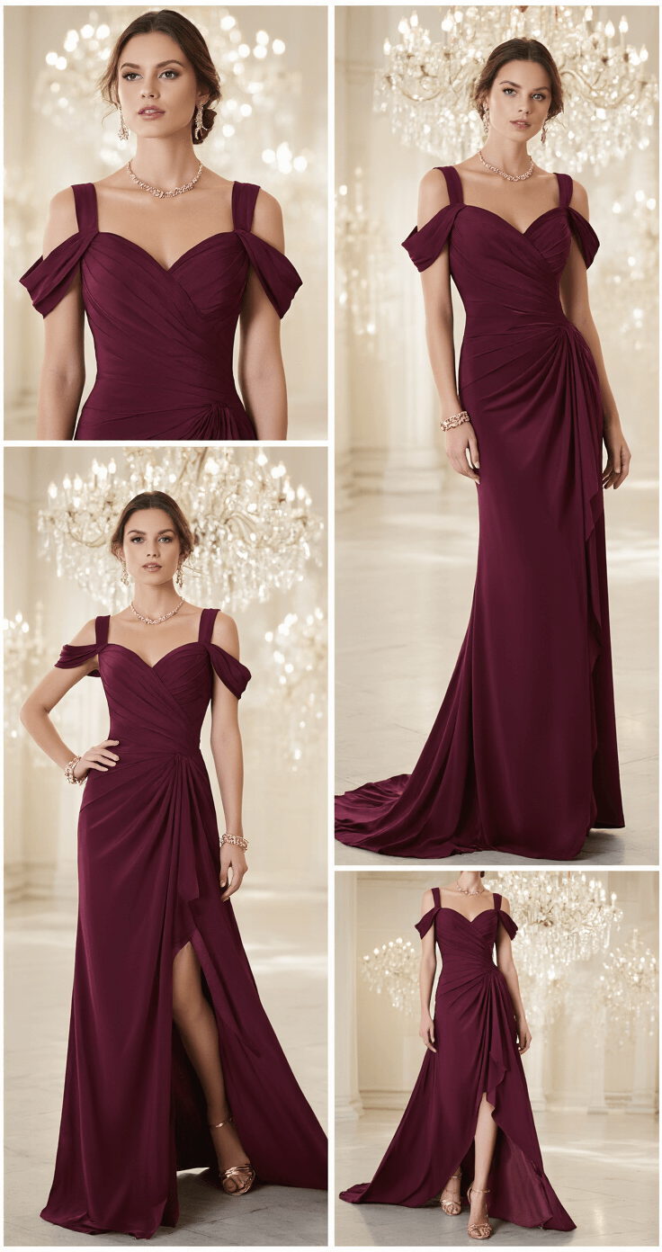 Cold-Shoulder Evening Dresses: Your Ultimate Style Guide for 2024 Opulent ballroom scene featuring a model in a dramatic burgundy cold-shoulder gown with a sweeping train, captured in motion, showcasing intricate draping and asymmetrical details, complemented by rose gold accessories and an elegant updo, with ambient lighting reflecting off crystal chandeliers.