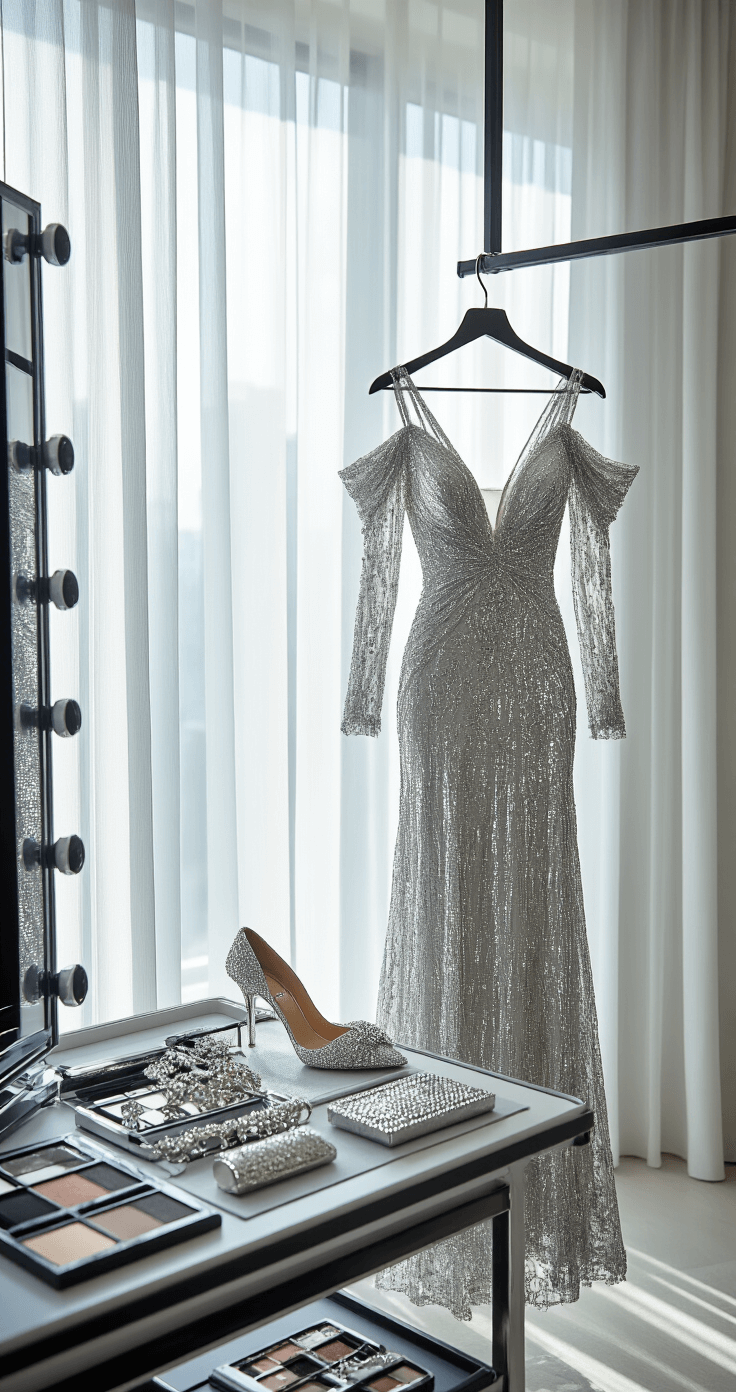 Cold-Shoulder Evening Dresses: Your Ultimate Style Guide for 2024 A stylish modern penthouse dressing room bathed in diffused daylight, showcasing a silver sequined cold-shoulder gown on a designer rack, surrounded by crystal-encrusted shoes, a diamond jewelry suite, and a metallic evening clutch, with a well-equipped makeup station in the background, all captured in a wide lifestyle editorial shot.