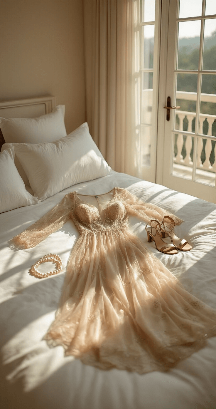 Embroidered Mesh Gowns: Your Complete Guide to Styling These Showstopping Pieces A sunlit master bedroom features French doors leading to a balcony, with an embroidered champagne mesh gown laid flat on white bedding. Surrounding the gown are pearl drop earrings, a silk nude slip, and metallic strappy sandals, all illuminated by soft morning light casting natural shadows. The image is captured from an overhead perspective using a 50mm lens.