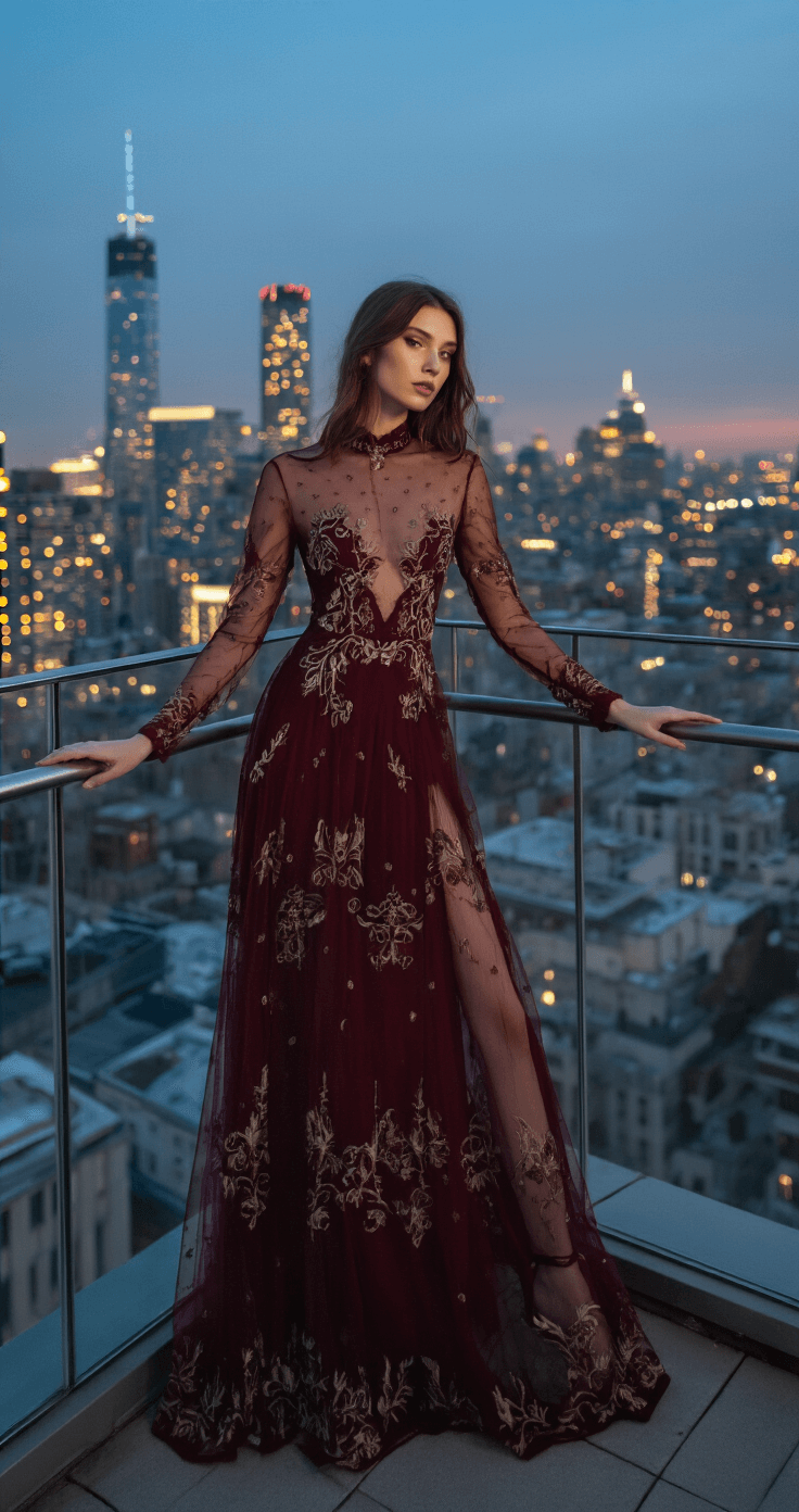 Embroidered Mesh Gowns: Your Complete Guide to Styling These Showstopping Pieces Model in a burgundy mesh gown with Victorian-inspired embroidery poses on an urban rooftop terrace at twilight, with twinkling city lights in the background and a modern glass railing, illuminated by a mix of city glow and professional strobes.