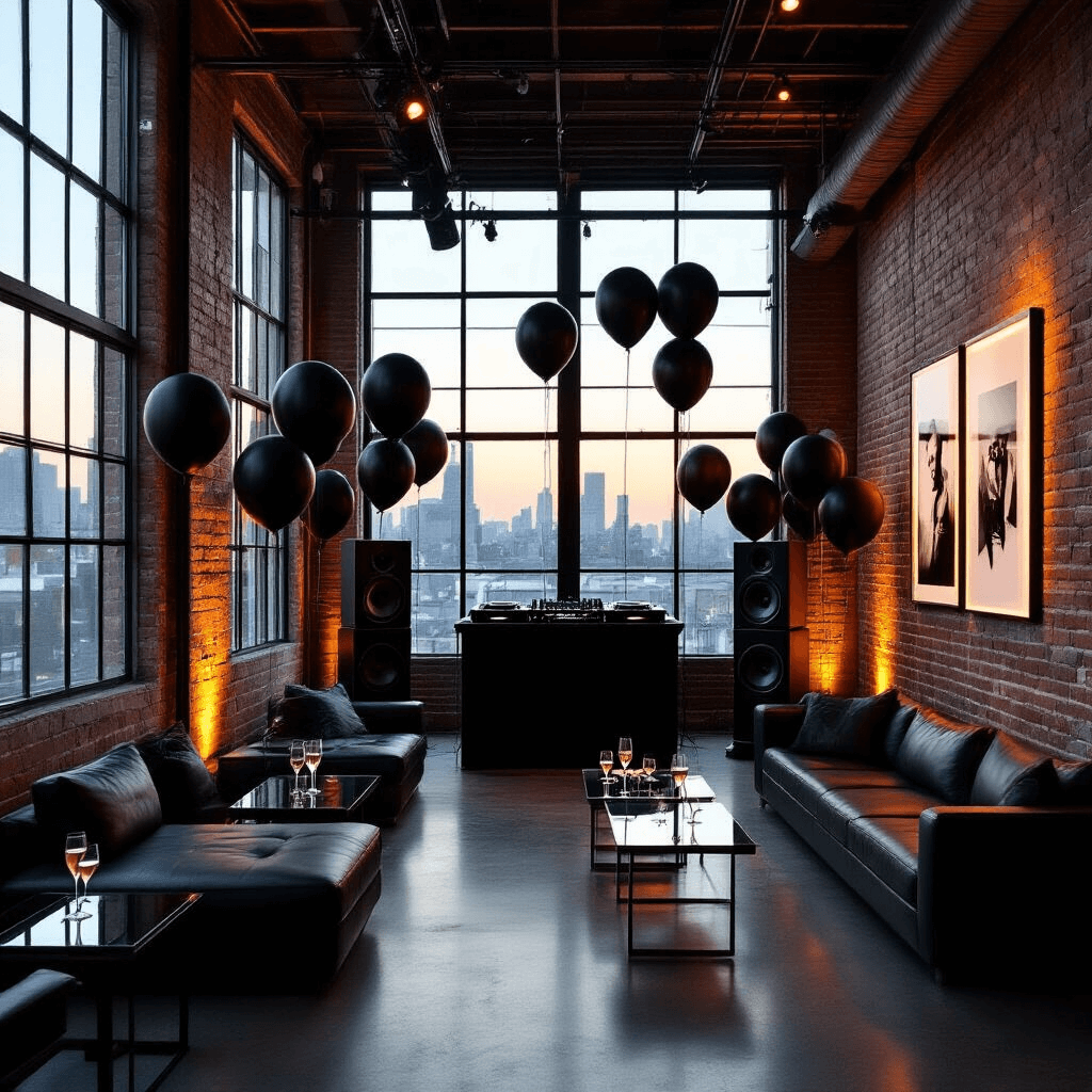 Decoding the "House of Balloons" Aesthetic: A Deep Dive into Urban Melancholy A dimly lit urban loft at twilight features floor-to-ceiling windows, minimalist black and white decor with neon accents, clusters of matte black balloons, a DJ booth with vintage speakers, and intimate seating areas with low leather couches. The highlight is a black and white photography exhibition, each piece lit by track lighting.