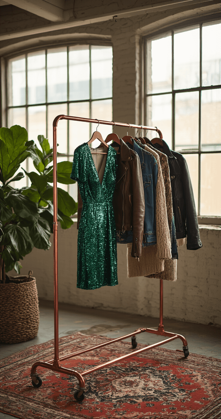 How to Rock a Sequin Mini Dress: Your Complete Style An industrial loft space featuring an emerald sequin mini dress on a copper clothing rack, surrounded by leather jackets, denim, and knitwear, with a vintage Persian rug and a fiddle leaf fig, illuminated by soft afternoon light through factory windows.