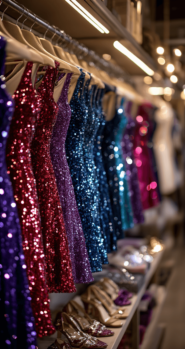 How to Rock a Sequin Mini Dress: Your Complete Style Close-up of a boutique rack featuring jewel-toned sequin mini dresses in ruby, sapphire, and amethyst, illuminated by soft evening lighting. Luxurious details like sequin placement and linings are highlighted, with elegant accessories displayed nearby.
