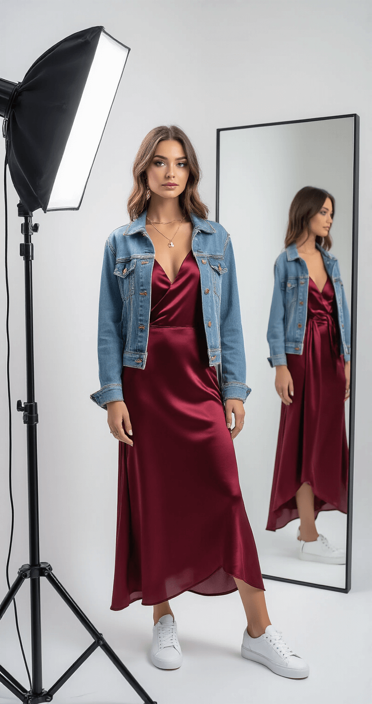 The Perfect Satin Slip Dress A split-screen image of a modern boutique dressing room showcasing a burgundy satin slip dress styled two ways: casually with white sneakers and a denim jacket on one side, and elegantly with gold jewelry and heels on the other. The professional lighting highlights the dress's versatility.