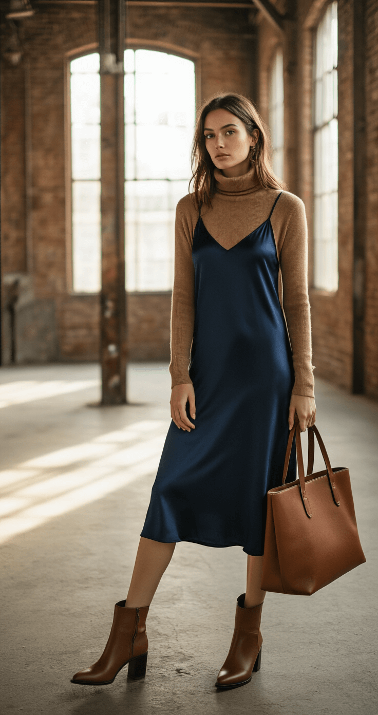 The Perfect Satin Slip Dress A model wearing a navy satin slip dress layered over a camel cashmere turtleneck stands in an industrial-chic loft, the late afternoon light streaming through a window, complemented by ankle boots and a structured leather tote, with architectural details in the background.