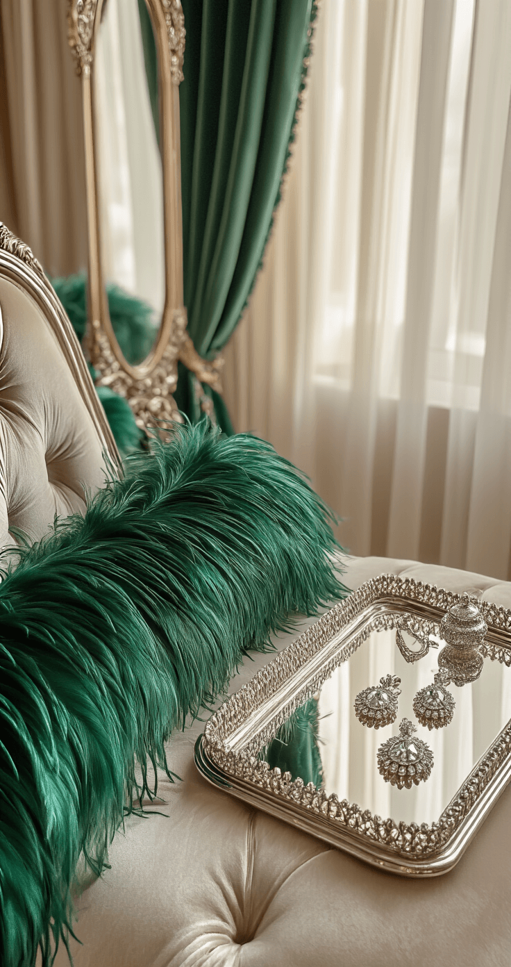 10 Fabulous Ways to Style a Feather-Trim Party Dress Close-up detail of emerald green feather trim on silk fabric, highlighting texture and movement, alongside delicate silver accessories on a mirrored tray in a luxurious boutique dressing room.