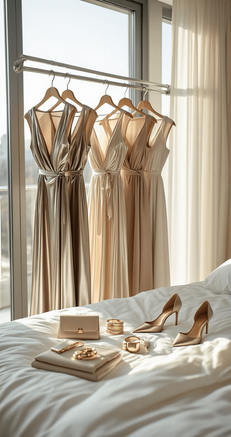How to Rock a Metallic Wrap Mini Dress: Your Complete Style Guide A luxurious contemporary bedroom filled with morning light, featuring floor-length windows. Metallic wrap dresses hang elegantly on a clothing rack, accompanied by stackable rings, neutral heels, and evening clutches, all artfully arranged on white bedding.