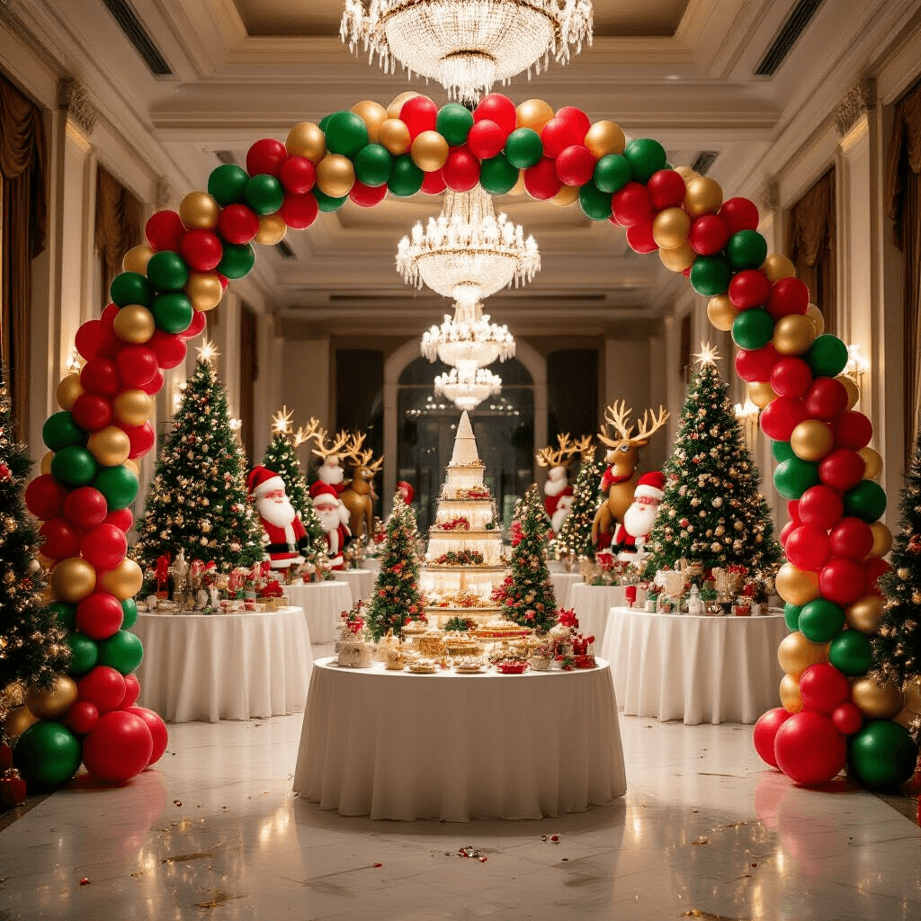 Magical Christmas Balloons: Your Ultimate Guide to Festive Holiday Decor A beautifully decorated grand ballroom for Christmas, featuring a red, green, and gold balloon arch with fairy lights, elegant round tables with white linens and balloon sculpture centerpieces, crystal chandeliers illuminating the polished marble floor adorned with tinsel, and a lavish dessert table surrounded by whimsical character balloons like Santas and reindeer.
