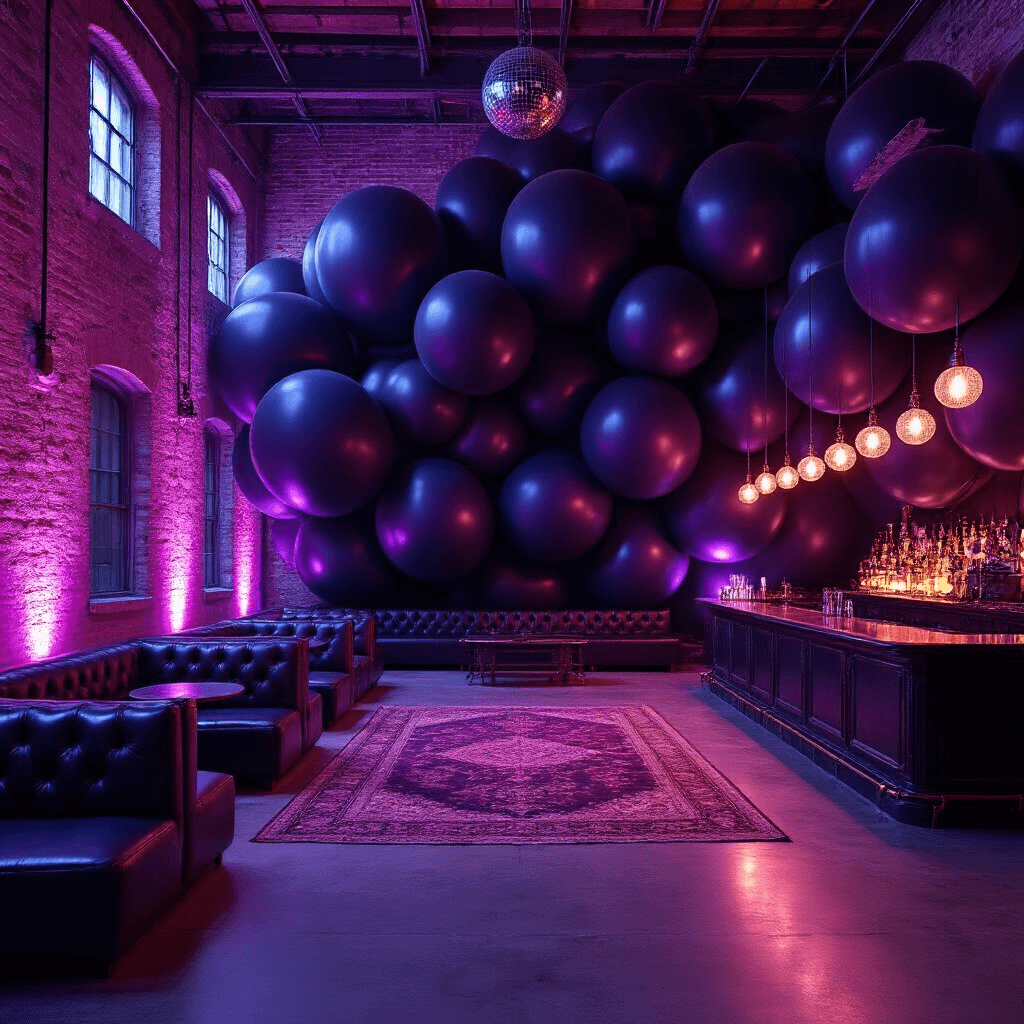 House of Balloons: A Comprehensive Guide to Dark, Moody Event Styling Inspired by The Weeknd A vibrant nightclub interior showcasing a converted warehouse with exposed brick walls illuminated in deep purple light, featuring a large black balloon installation, leather banquettes, a gleaming metallic bar, and a vintage disco ball casting reflections over the dance floor.