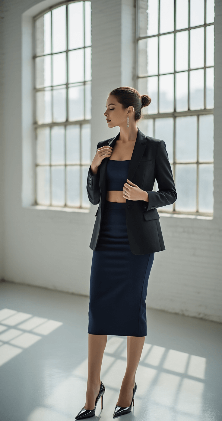 How to Rock a Crop Top and Skirt Set Like a Fashion Pro A woman adjusts her fitted black blazer over a navy crop top and pencil skirt in a minimalist white studio with large industrial windows. Patent leather pointed-toe pumps and silver minimal jewelry are visible, complemented by her sleek low bun hairstyle.