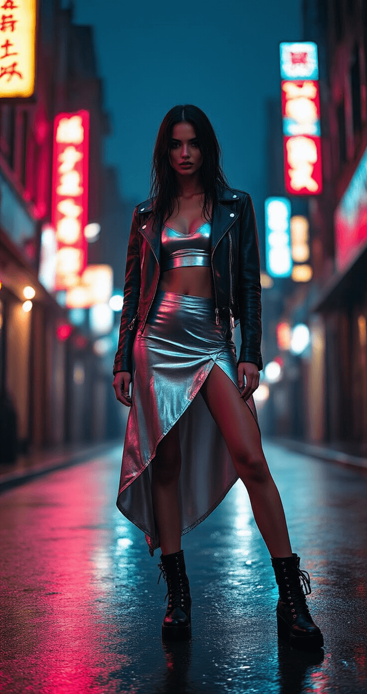 How to Rock a Crop Top and Skirt Set Like a Fashion Pro A fashion model poses in a metallic silver crop top and asymmetric skirt set, paired with a black leather moto jacket and combat boots, against a moody evening cityscape illuminated by neon lights and reflecting on wet streets. The dramatic street lighting highlights the urban glamour of the scene.