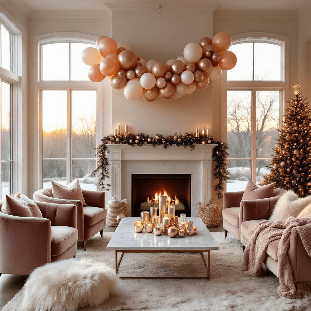 Magical Christmas Balloons: Your Ultimate Guide to Festive Holiday Decor A cozy living room bathed in golden hour light, featuring a fireplace, an asymmetrical balloon garland in blush and cream tones, plush velvet armchairs, a marble coffee table with metallic balloons and candle holders, soft fur throws, silk pillows, and a twinkling Christmas tree.