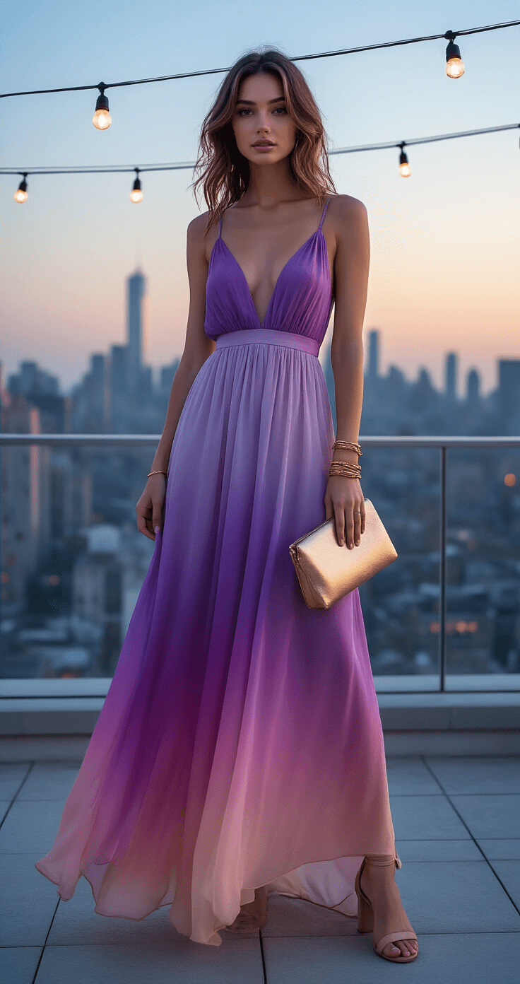 Styling Your Ombré Maxi Dress: From Beach to Street A model in a purple-to-pink gradient maxi dress stands on an urban rooftop terrace at dusk, with the city skyline in the background. The soft evening light highlights the dress's silk chiffon texture, paired with nude strappy heels and delicate gold bracelets. Her loose wavy hair catches the breeze, and string lights add ambiance to the modern architectural setting.