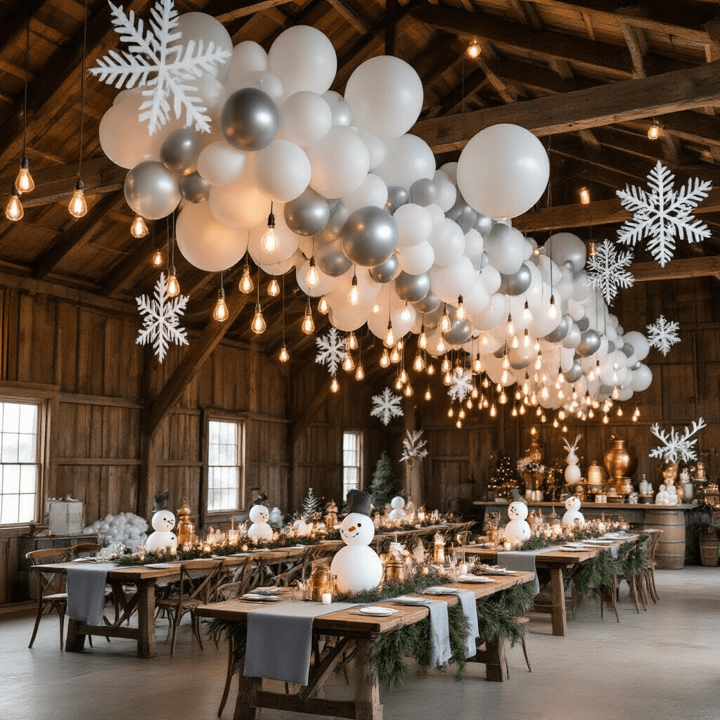 Magical Christmas Balloons: Your Ultimate Guide to Festive Holiday Decor A magical winter wonderland in a rustic barn, featuring strings of Edison bulbs, a cascading balloon installation resembling a snow-covered forest, long farmhouse tables with pine garlands and balloon snowmen centerpieces, oversized paper snowflakes, and a hot cocoa bar with balloon reindeer, viewed from an elevated angle.