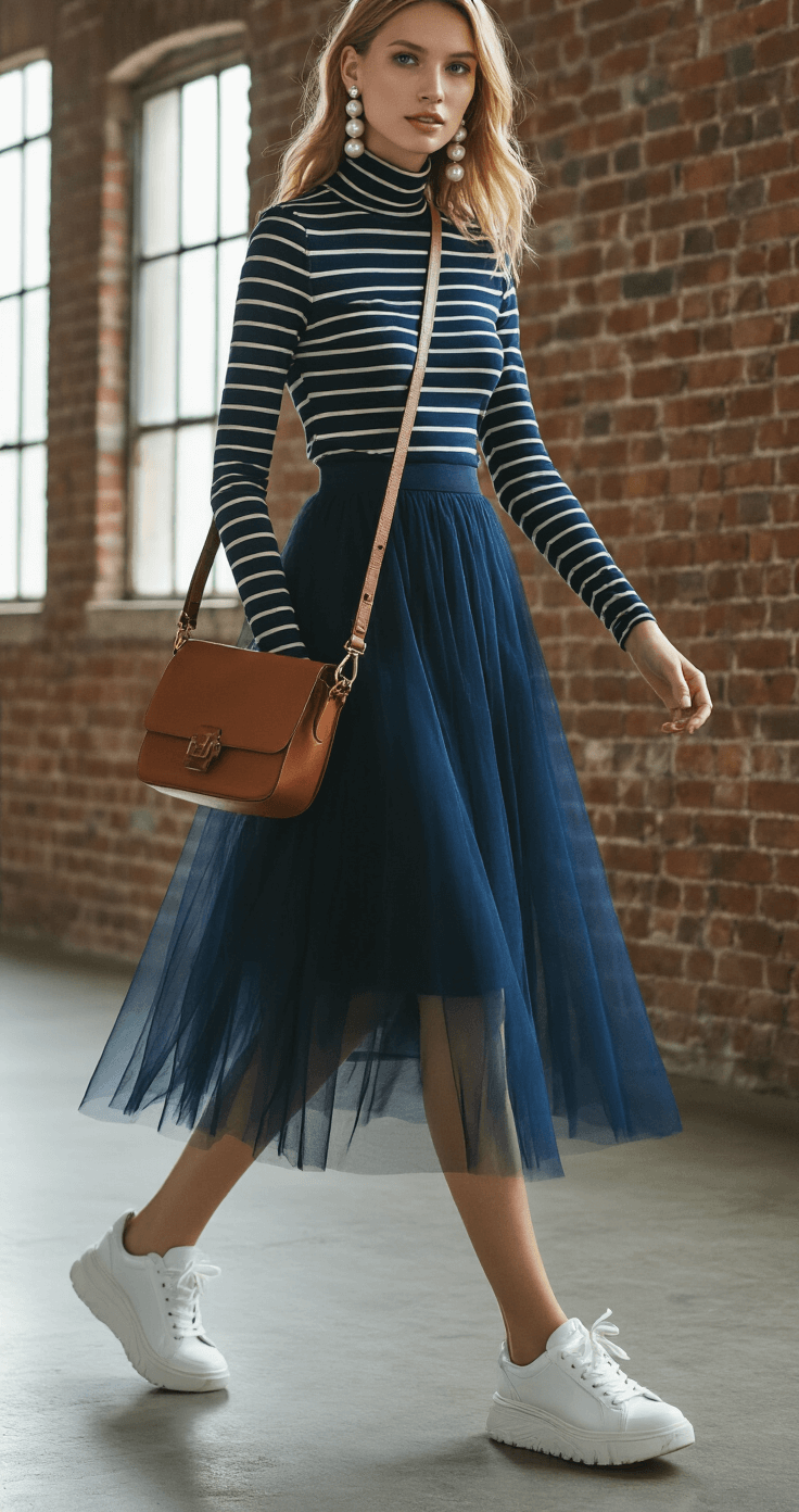 How to Style Tulle Dresses: The Ultimate Guide to Creating Magical Looks A model walks through an industrial loft with exposed brick and large factory windows, wearing a navy tulle midi dress layered over a striped fitted turtleneck, styled with chunky white sneakers and oversized pearl earrings, while carrying a leather crossbody bag. The image is captured with a 50mm lens in high contrast lighting.