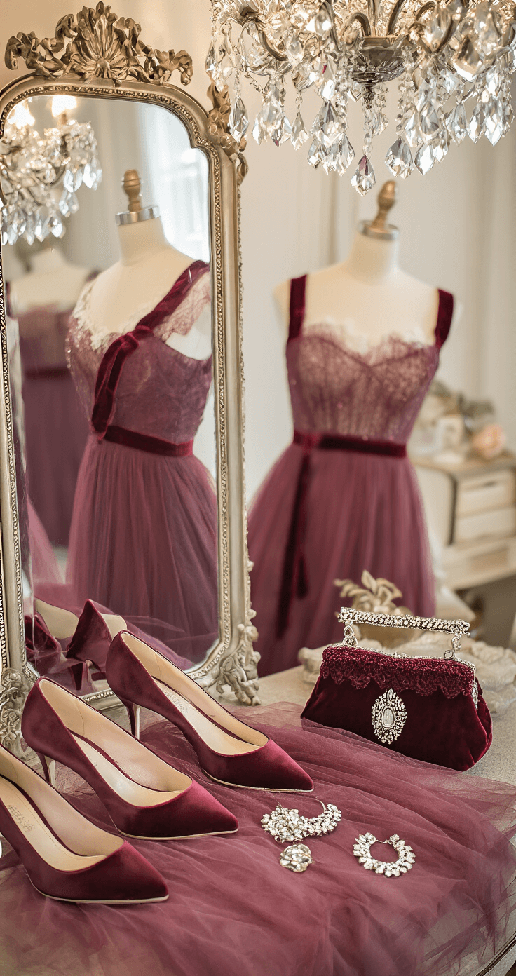 How to Style Tulle Dresses: The Ultimate Guide to Creating Magical Looks Close-up of a vintage-inspired boudoir featuring a burgundy tulle dress with velvet ribbon trim layered over a lace-trimmed slip, surrounded by satin pumps, art deco jewelry, and a beaded evening bag, all illuminated by soft romantic lighting.