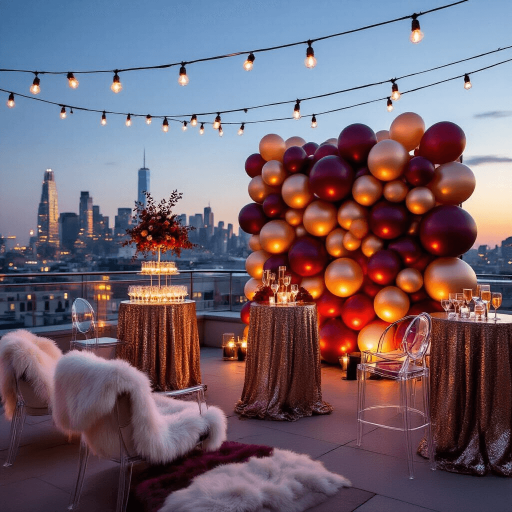 Magical Christmas Balloons: Your Ultimate Guide to Festive Holiday Decor Chic rooftop terrace at twilight featuring a glamorous balloon wall, sequined cocktail tables with floating bouquets, a champagne tower with a metallic balloon arch, and market lights overhead, all set against a twinkling city skyline.