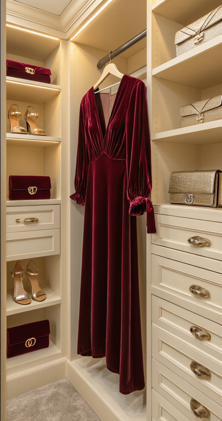 Styling Your Balloon-Sleeve Velvet Dress Close-up detail of a burgundy velvet balloon-sleeve dress on a velvet hanger in a warm LED-lit luxurious walk-in closet, showcasing intricate gathering at the cuff, with organized accessories including metallic strappy sandals, minimalist jewelry, and neutral-toned evening clutches adjacent to it.