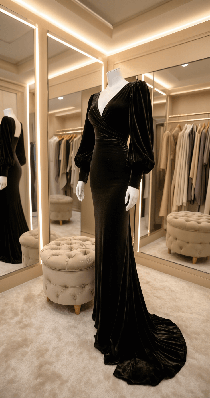 Styling Your Balloon-Sleeve Velvet Dress Intimate boutique dressing room featuring a black velvet balloon-sleeve dress reflected in a three-way mirror, with champagne-toned lighting, a tufted ottoman, and a rack of coordinating silk scarves and evening wear in the background. Close-up on fabric texture and seamless undergarments, captured with shallow depth of field.