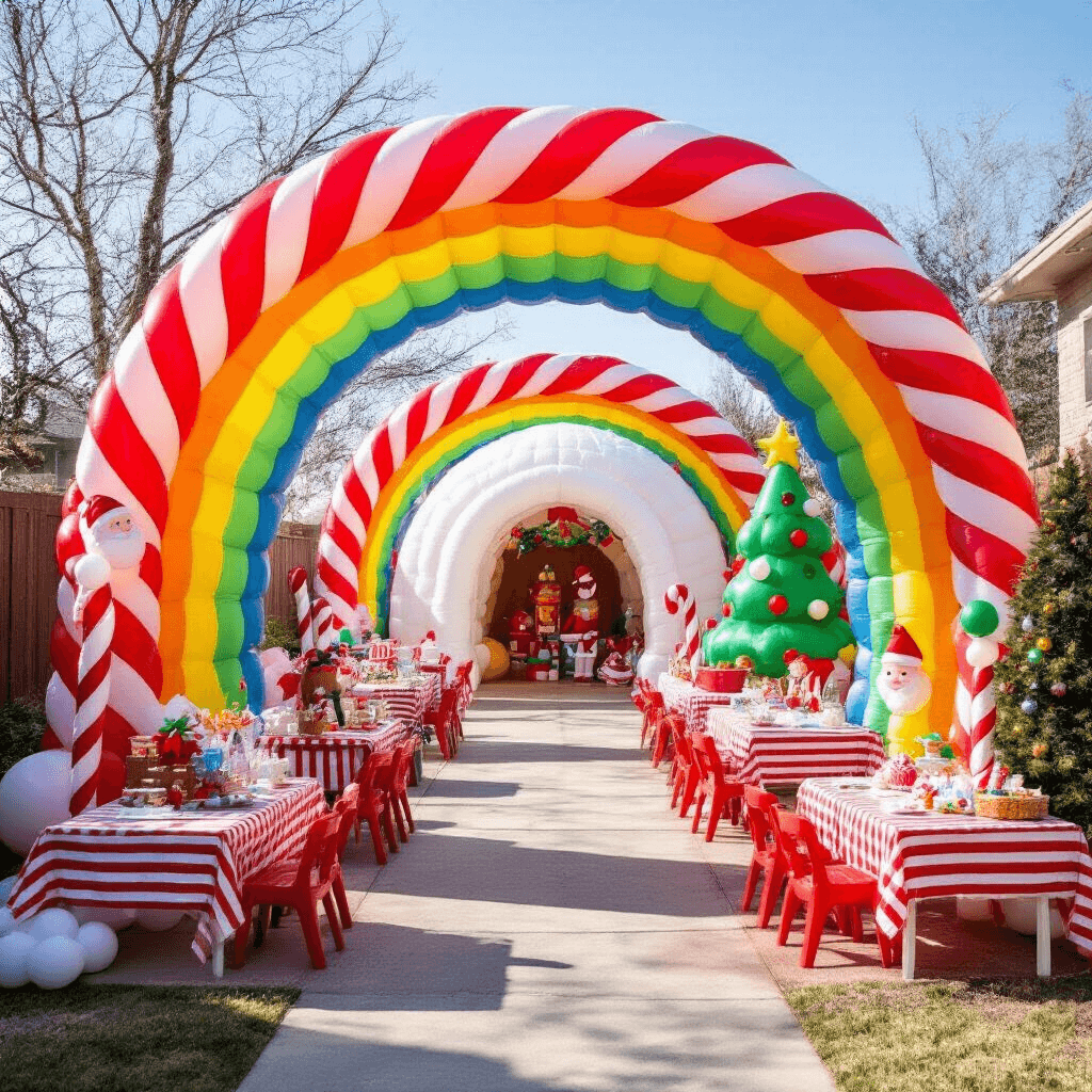 Magical Christmas Balloons: Your Ultimate Guide to Festive Holiday Decor A whimsical backyard Christmas party for children with a rainbow balloon arch, inflatable decorations, giant candy cane balloons, a balloon igloo, festive tables, and a towering balloon Christmas tree, all set against snow-dusted evergreens, captured from a child's eye level.