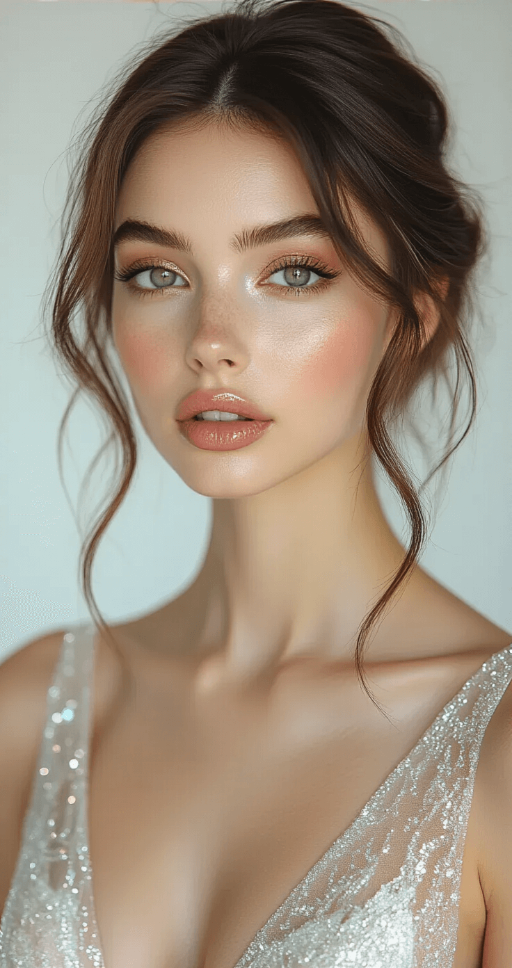 SPARKLE AND SHINE: YOUR ULTIMATE GUIDE TO ROCKING A GLITTERY BACKLESS GOWN Close-up beauty shot of a model in a glittery gown, featuring dewy makeup, champagne eyeshadow, and glossy lips, with a focus on highlighted collarbones and shoulders. The elegant updo hairstyle accentuates the neckline against a pure white backdrop, illuminated with multiple light sources for perfect skin clarity. Shot with a 100mm macro lens at F2.8.