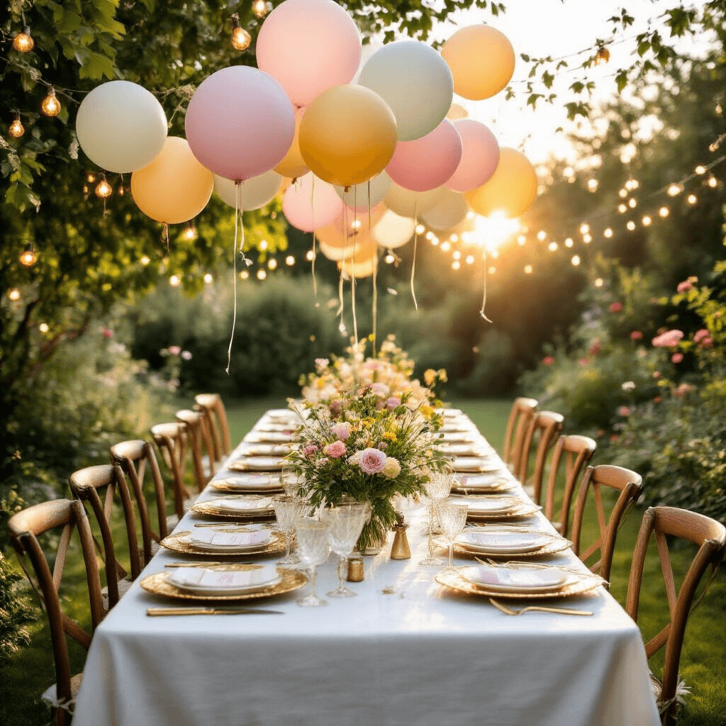 Flower Balloons: The Ultimate Guide to Magical Party Decor A sunlit garden party features a long white linen table with gold-rimmed place settings, surrounded by vintage chairs, beneath a canopy of pastel flower balloons. Fairy lights twinkle amidst lush greenery and wildflower centerpieces as golden hour light enhances the magical atmosphere.