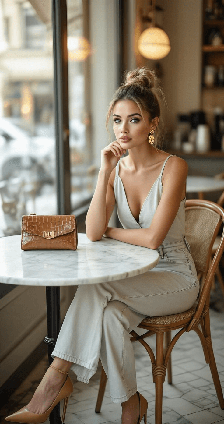STYLING YOUR DENIM JUMPSUIT WITH HEELS: A REAL GIRL'S GUIDE TO EFFORTLESS CHIC A woman sits at a marble bistro table in a chic café, wearing a light-wash denim jumpsuit and camel suede pointed-toe pumps. She has a sleek high bun and geometric gold earrings, with a small crocodile-embossed clutch on the table. Soft diffused lighting creates an inviting mid-morning brunch atmosphere.