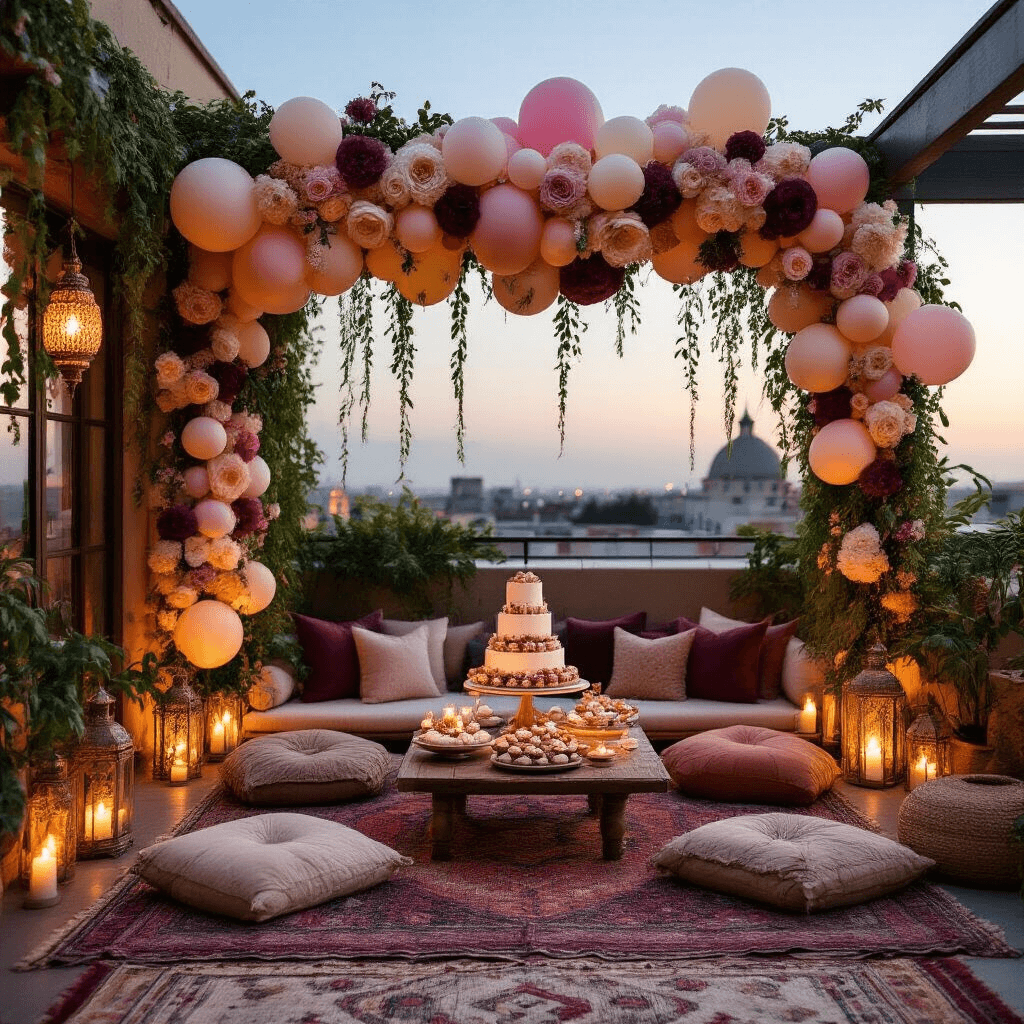 Flower Balloons: The Ultimate Guide to Magical Party Decor A cozy rooftop terrace at twilight decorated for a boho bridal shower, featuring low tables with plush cushions in jewel tones, flower balloon arrangements, Moroccan lanterns, and a dessert cart with pastries and a naked cake.