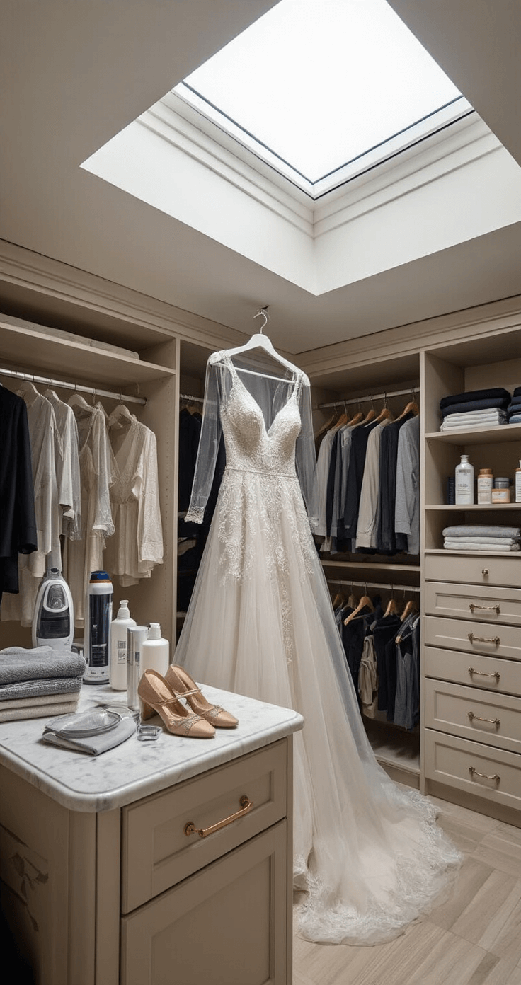 How to Style a Crystal-Embellished Mesh Dress Bright, airy walk-in closet featuring a crystal mesh dress on a luxurious velvet hanger, surrounded by garment bags, a steamer, and specialized cleaning products, all bathed in natural light from a skylight above. The built-in island showcases flat lay styling elements, while close-up details enhance the overall presentation.