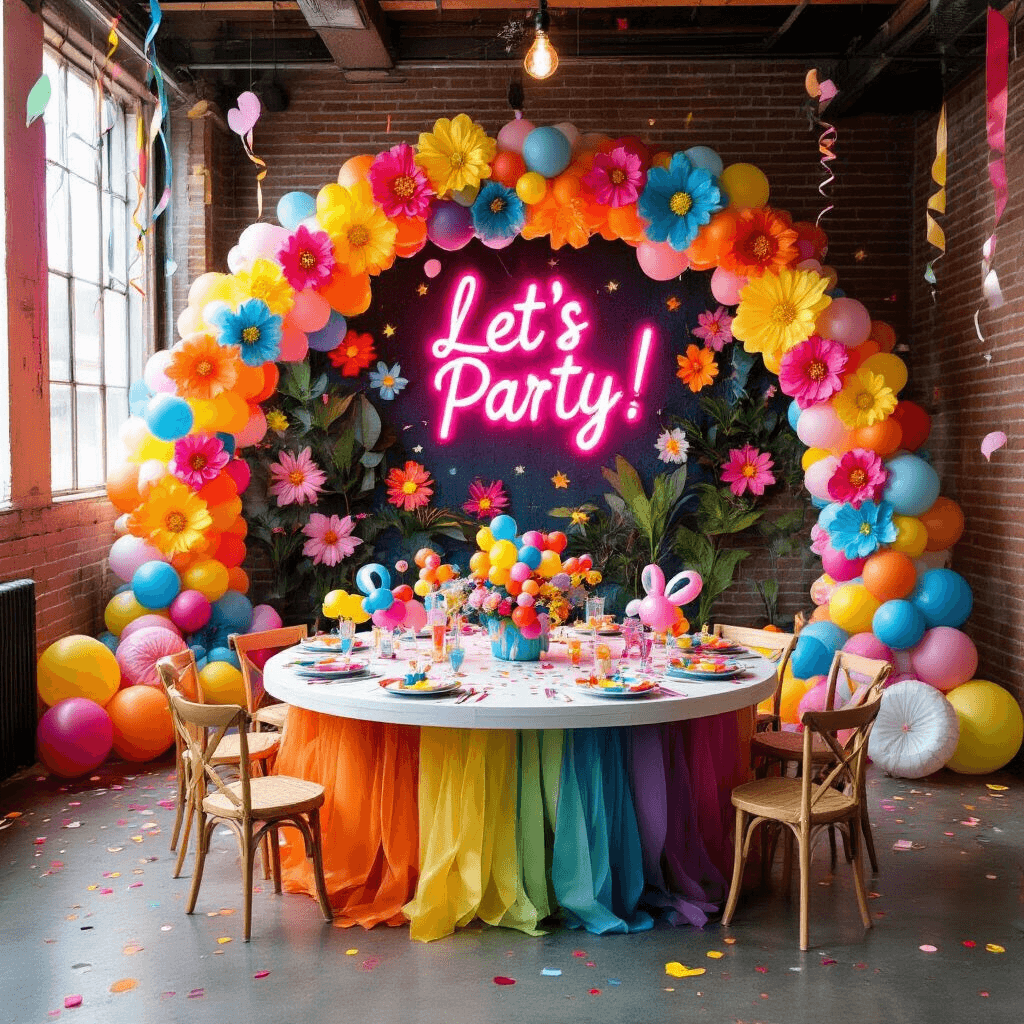 Flower Balloons: The Ultimate Guide to Magical Party Decor Overhead view of a colorful kids' birthday party in a modern loft, featuring a circular table with vibrant place settings and balloon animal centerpieces, surrounded by rainbow balloon arches, a glowing neon sign 'Let's Party!', a balloon-decorated wall with large paper flowers, and scattered streamers and confetti.