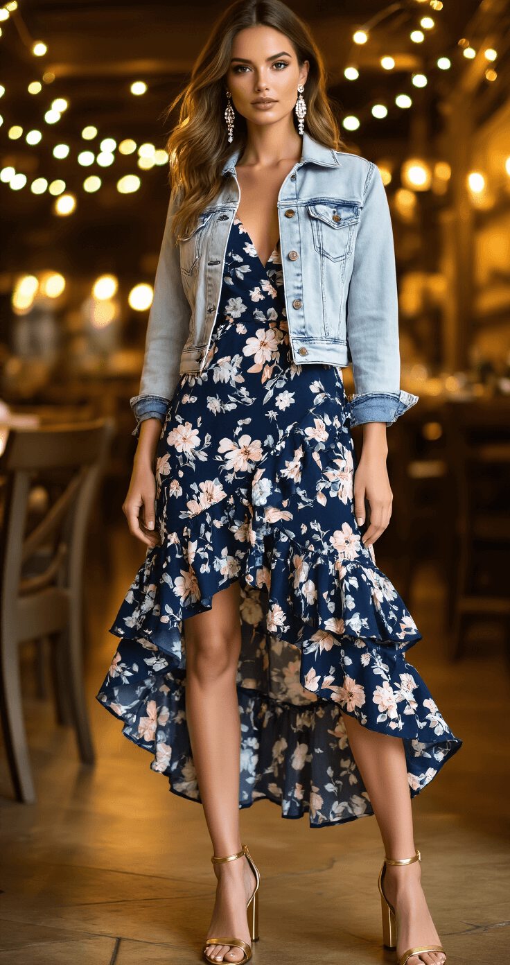 10 Stunning Ways to Style a Ruffled Floral Sundress Dimly lit upscale restaurant interior showcasing a model in a navy floral sundress with cascading ruffles, paired with a light wash denim jacket and crystal drop earrings, complemented by gold block heel sandals, with a cozy ambiance highlighted by string lights in soft bokeh.