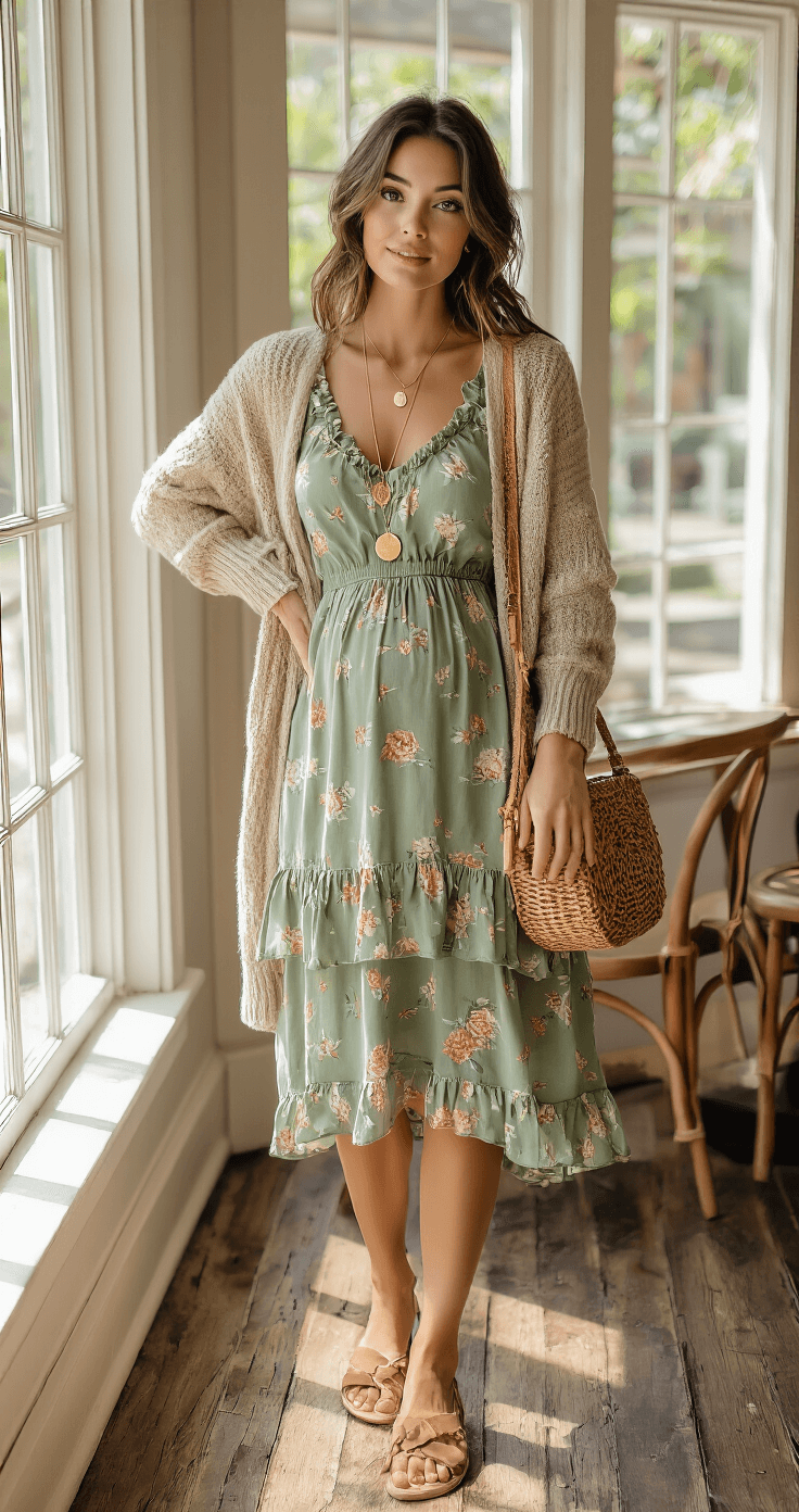 10 Stunning Ways to Style a Ruffled Floral Sundress A cozy cafe corner illuminated by natural light features a person wearing a sage green floral sundress layered with an oatmeal cardigan, accessorized with a delicate gold pendant necklace and a woven rattan crossbody bag, shot from above against weathered wooden floors.