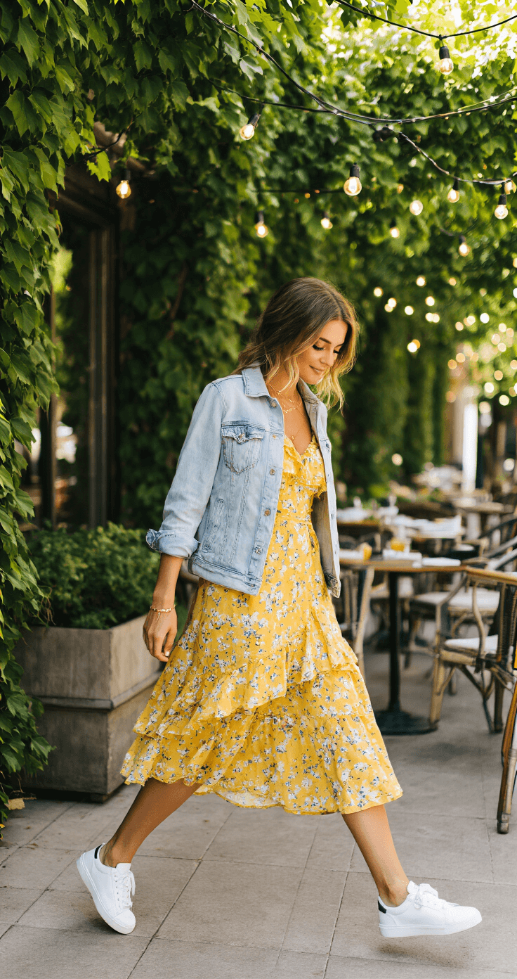 10 Stunning Ways to Style a Ruffled Floral Sundress A woman in a yellow floral ruffle sundress, white leather sneakers, and a light wash denim jacket strolls on a sunlit outdoor brunch patio adorned with climbing ivy and string lights, her minimal gold jewelry glinting in the light, as her dress flows with movement against a softly blurred background.