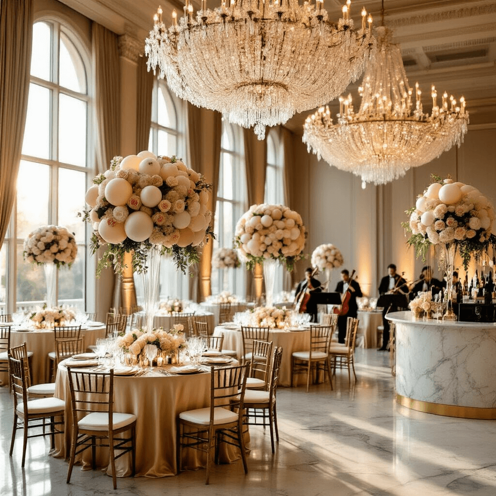 Flower Balloons: The Ultimate Guide to Magical Party Decor Elegant wedding reception in a hotel ballroom, with champagne silk-draped tables, towering flower balloon centerpieces, sparkling chandeliers, and a marble bar showcasing cocktails, all illuminated by golden hour light.