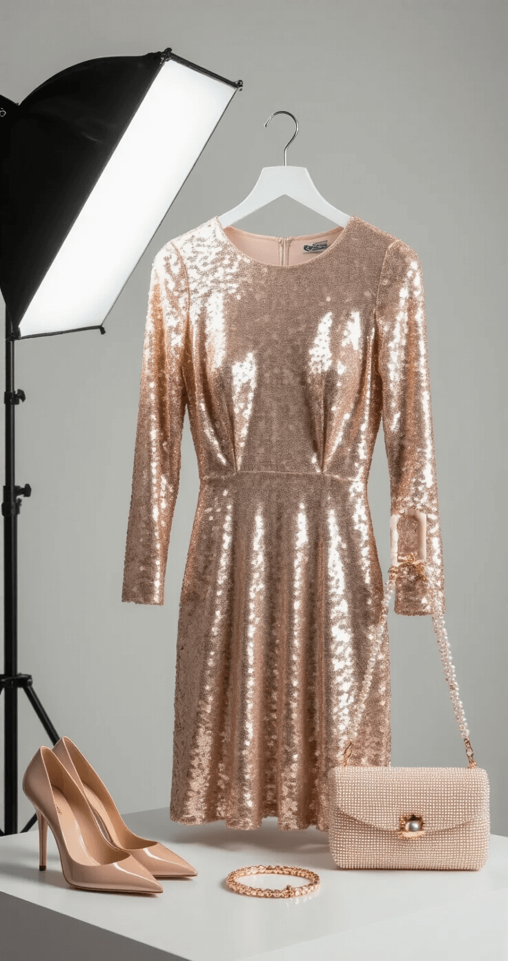 Sparkle and Shine: Your Ultimate to Rocking a Long-Sleeve Mini Dress A minimalist white studio showcasing a rose gold sequined mini dress on a velvet hanger, surrounded by a delicate gold bracelet, nude patent leather pumps, and a pearl-embellished clutch, with macro shots emphasizing the sequin details and fabric quality.