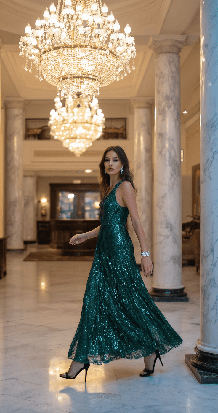 Sparkle and Shine: Your Ultimate to Rocking a Long-Sleeve Mini Dress A model in an emerald green sequined dress, captured in motion near marble columns in a luxurious hotel lobby at blue hour, with black stilettos and minimalistic styling, illuminated by chandelier light to emphasize the dress's shine and movement.