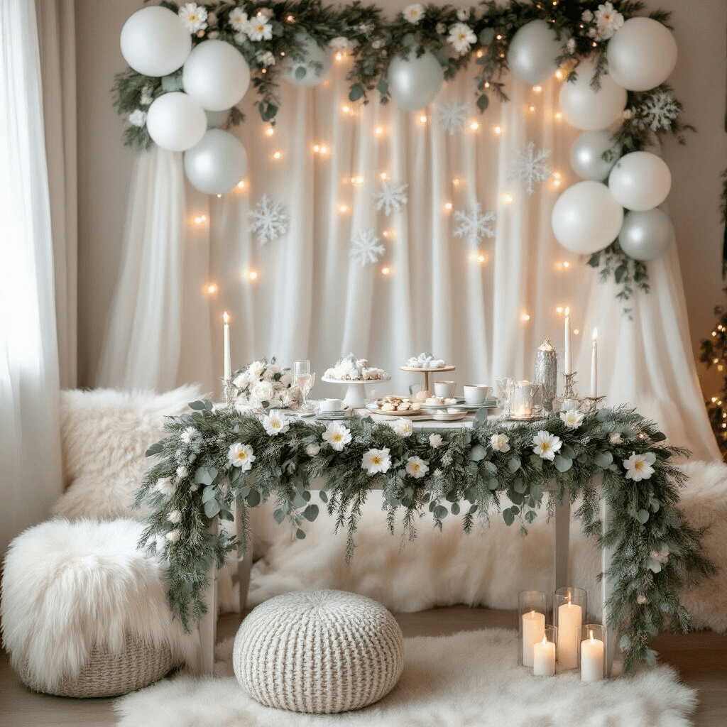Flower Balloons: The Ultimate Guide to Magical Party Decor A cozy winter wonderland baby shower setup with a gift table decorated with eucalyptus garlands and white flower balloons, surrounded by seating with faux fur throws and knit poufs, under a backdrop of sheer drapes and snowflake balloon clusters, illuminated by fairy lights and candles.