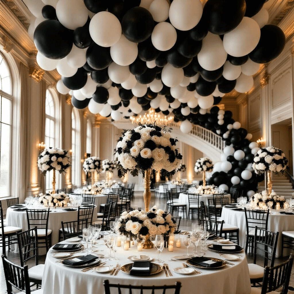 Black and White Balloons: The Ultimate Guide to Stunning Event Decor A luxurious black-tie wedding reception in a grand ballroom, featuring cascading black and white balloon installations, round tables with white linens and elegant floral centerpieces, gold candelabras, and a sweeping staircase adorned with an ombré balloon arch.