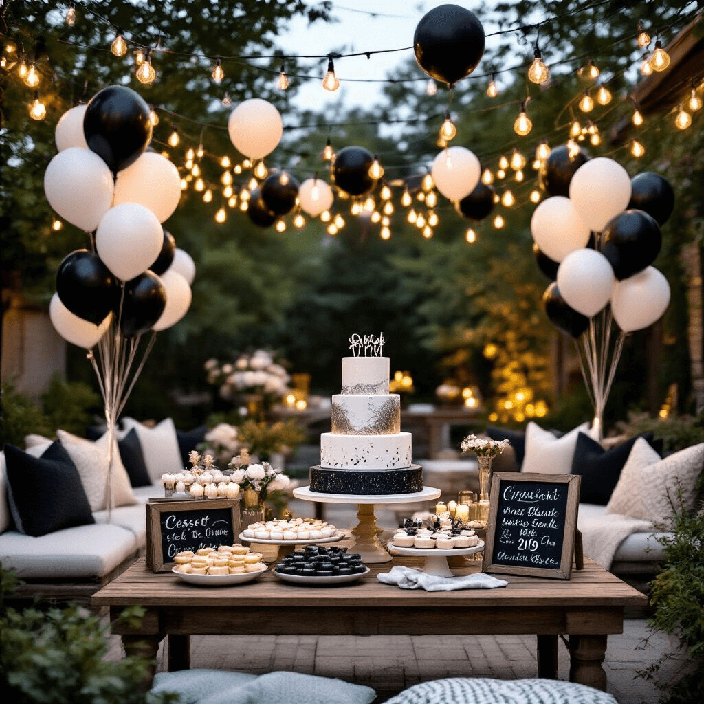 Black and White Balloons: The Ultimate Guide to Stunning Event Decor An outdoor graduation party at dusk featuring warm fairy lights, black and white balloons, a tiered metallic-accented cake, assorted monochrome treats, rustic signage, and cozy seating areas with plush decor.