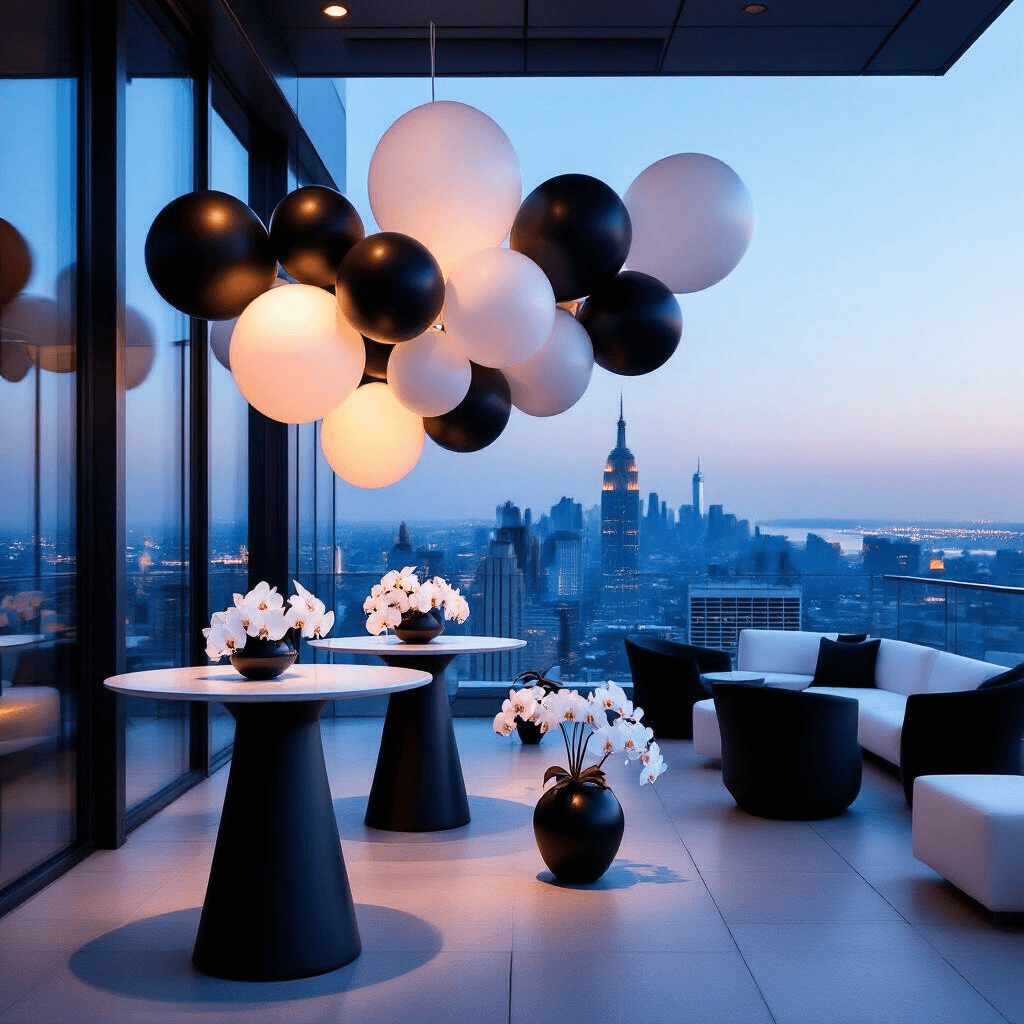 Black and White Balloons: The Ultimate Guide to Stunning Event Decor Chic corporate event on a rooftop terrace at blue hour, featuring floor-to-ceiling windows with a city skyline, high-top tables with white orchid centerpieces, a striking balloon installation, and modern lounge furniture in crisp whites and blacks.