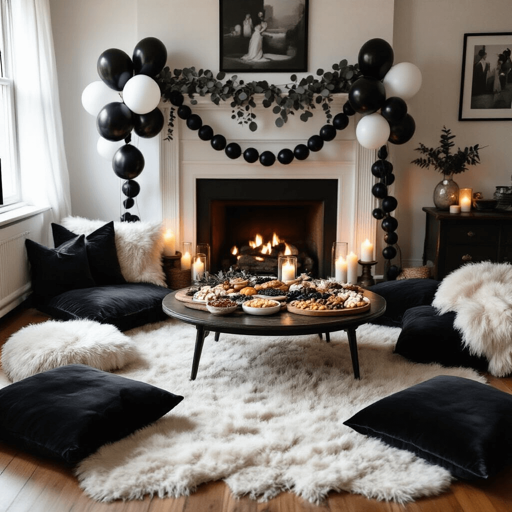 Black and White Balloons: The Ultimate Guide to Stunning Event Decor A cozy living room birthday celebration with warm candlelight, featuring a low table with a grazing board surrounded by plush floor cushions, black and white balloon garlands, vintage photographs, and soft textures like velvet throws and faux fur rugs.